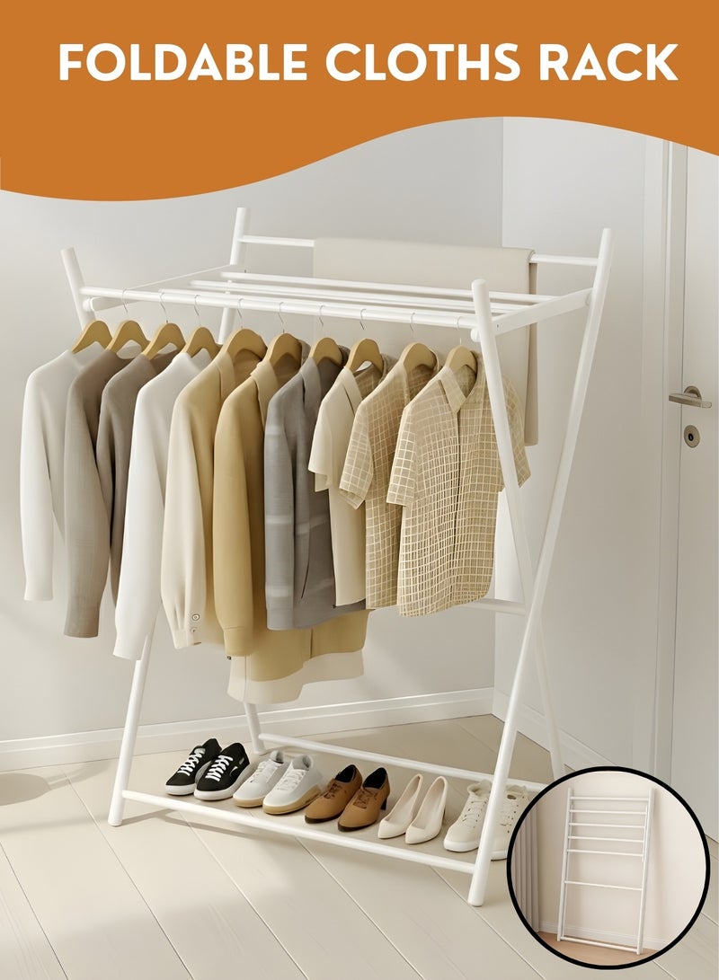 JUNI Foldable Clothes Drying Stand Heavy Duty Metal Garment Rack with Shoe Shelf, Portable Clothing Rack Stand for Bedroom & Laundry, Space-Saving, Clothes Hanger Stand Drying Rack - Image 1